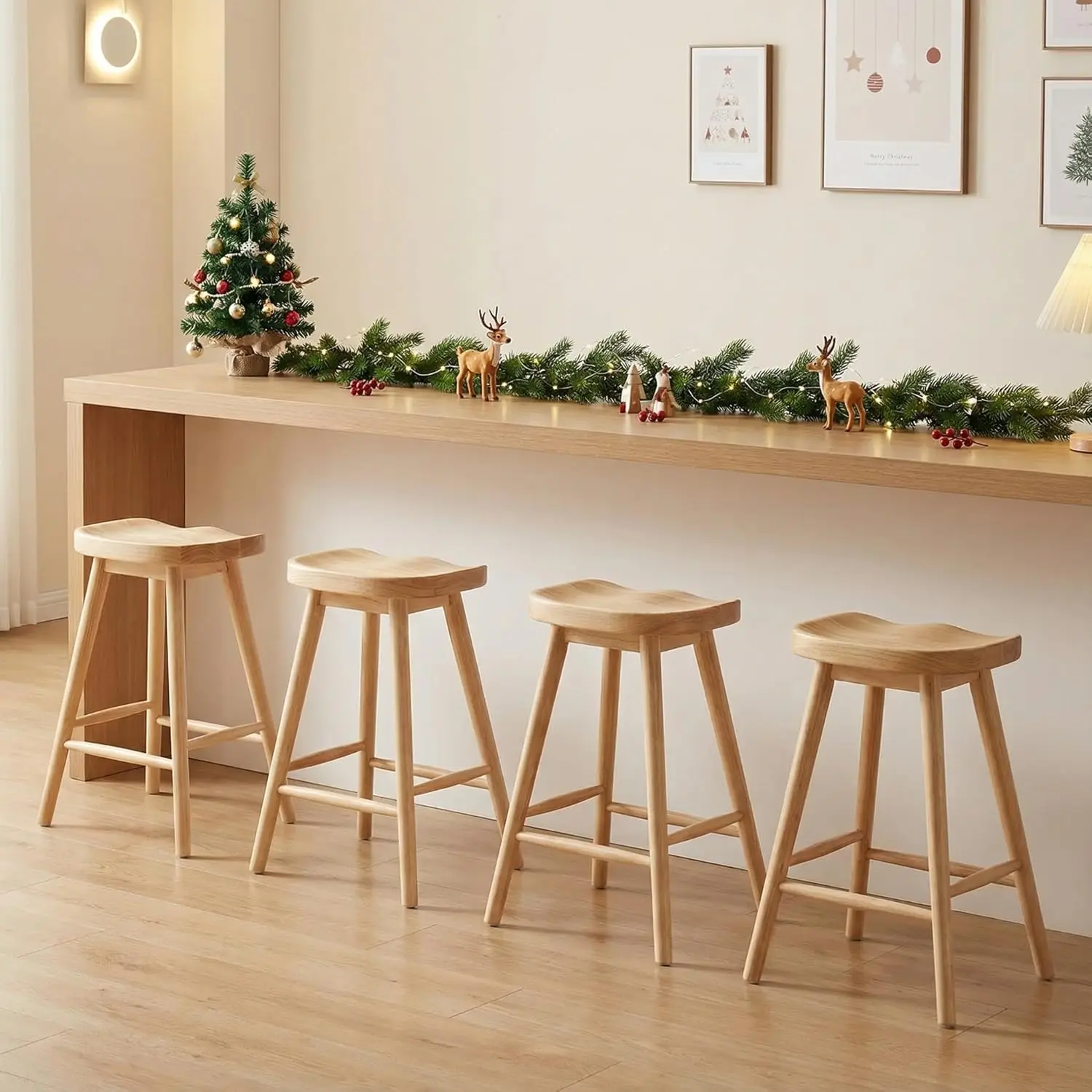 

24" Counter Height Bar Stools Set of 4 Wood Saddle Stool with Footrest for Kitchen Breakfast Bar Pub, Customized