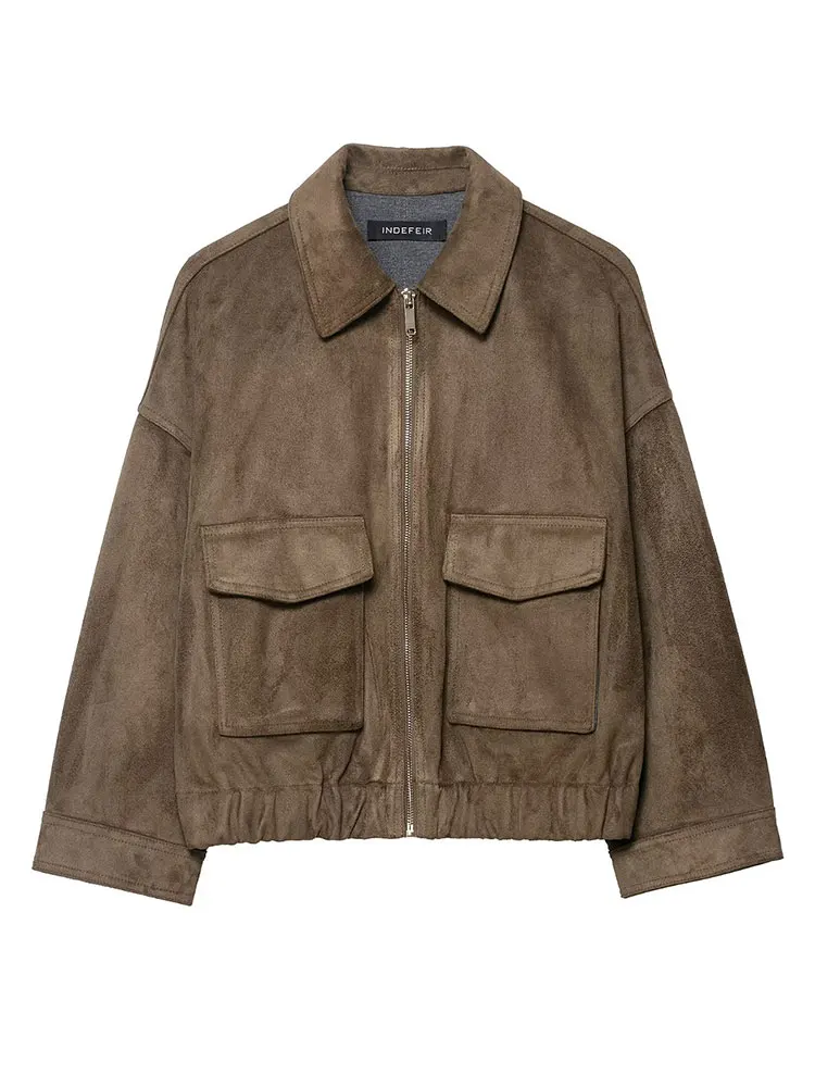 

HH Осенние женские повседневные однотонные замшевые пальто с длинным рукавом на молнии куртка-бомбер с карманами модная уличная женская верхняя одежда