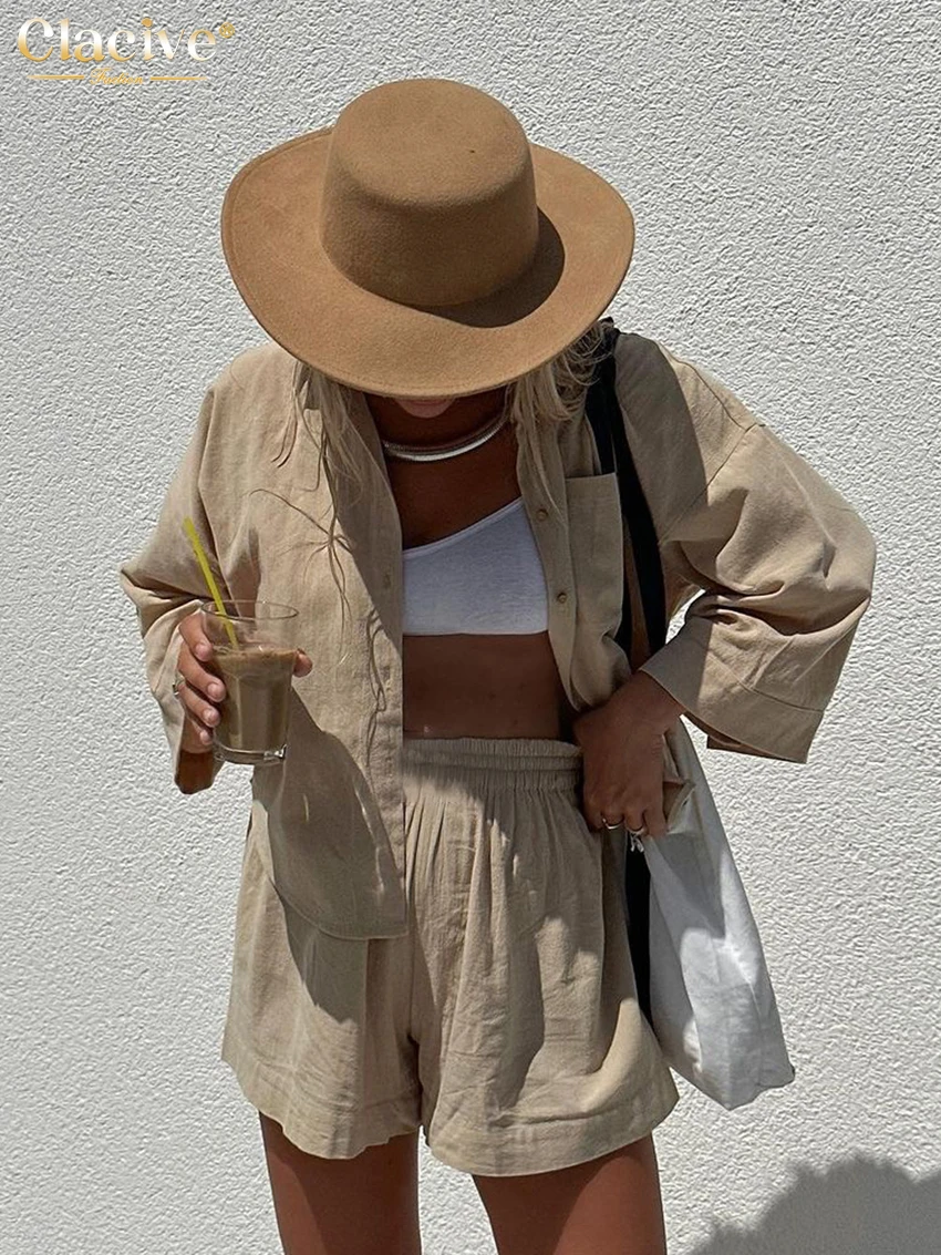 Clacive Elegant Loose Khaki Cotton 2 Piece Sets Women Outfit 2024 Fashion Long Sleeve Shirt With High Waist Shorts Set Female