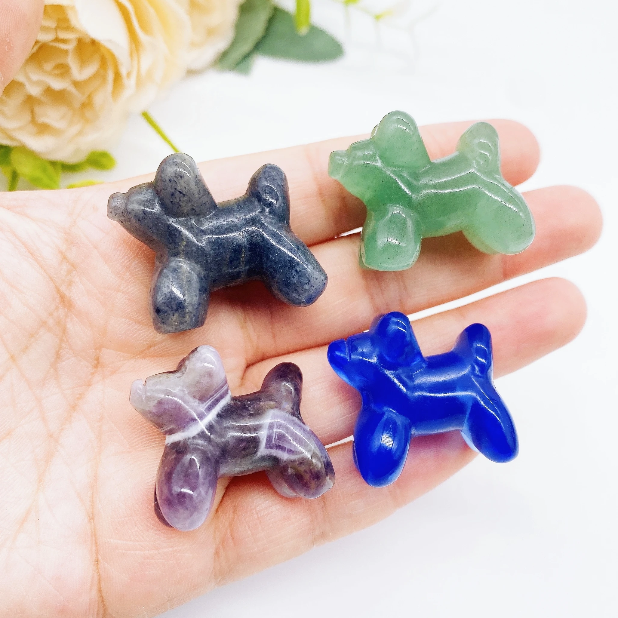 30mm Crystal Cute Cartoon Dog Poodles Natural Quartz Stone Animal Figurine Home Decor Office Gem Ornament Children Gift