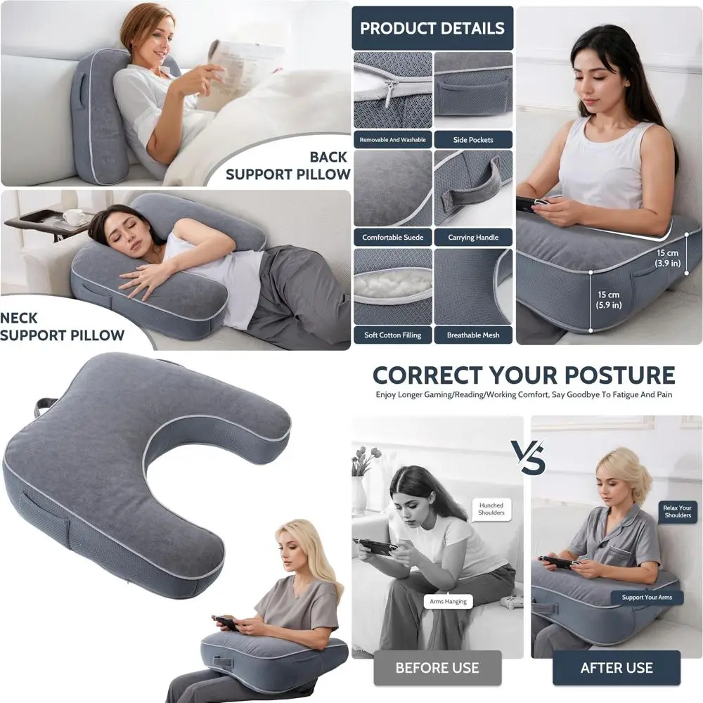 

Grey Gaming & Lap Pillow for Adults, Side Sleeper Support, Arm Rest for Crocheting, Work or Lounge Comfort