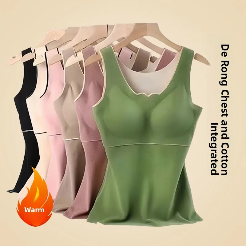 Women's Thermal Velvet Vest Thickened Integrated Seamless Autumn Winter Inner Wear with Chest Pad Large Size Base Shirt