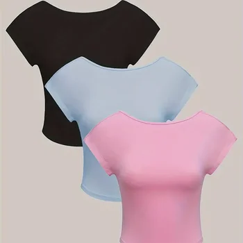 캐주얼 백리스 티셔츠, 단색 반팔 티셔츠, 용수철 및 여름 여성복, 3 팩