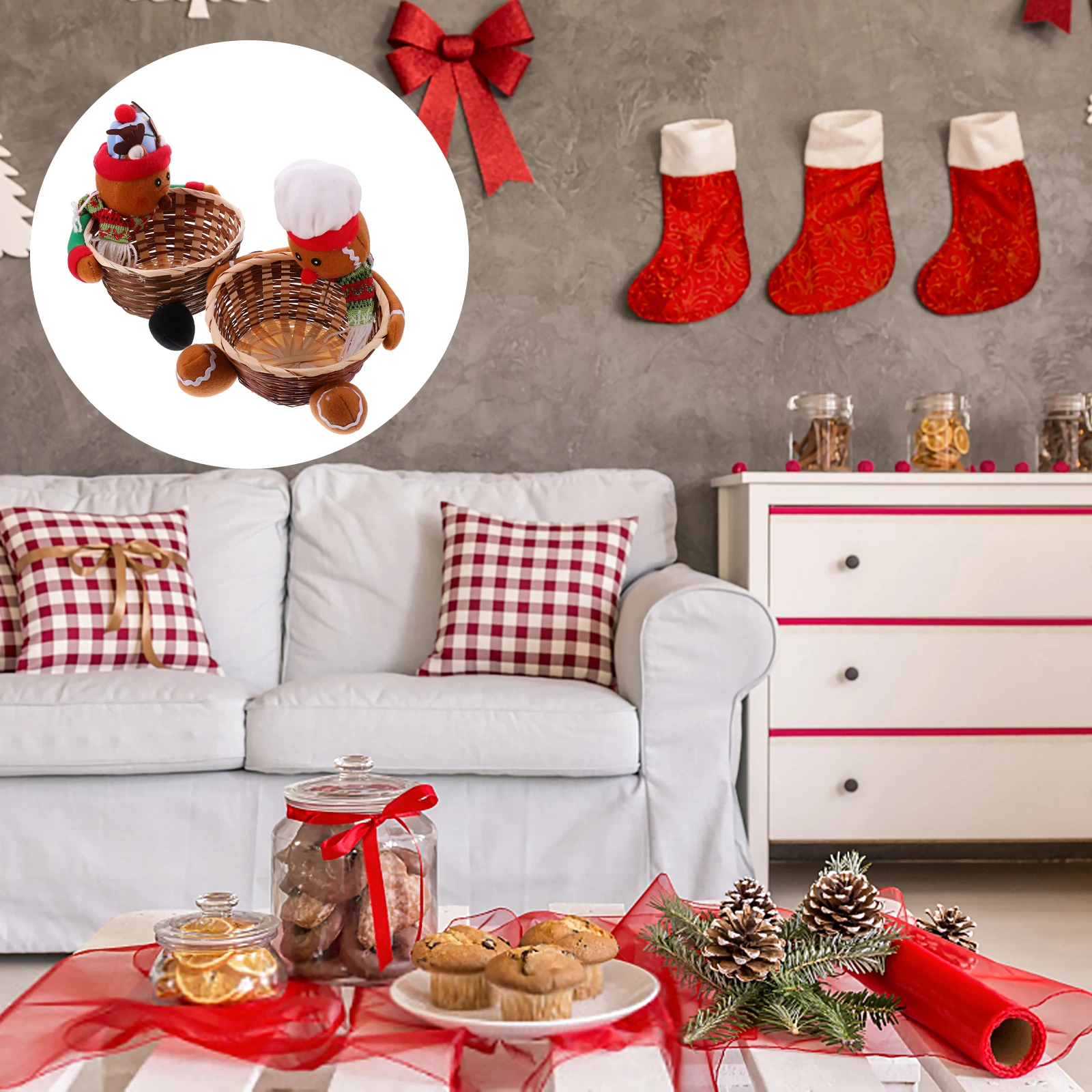 

2 Pcs Christmas Baskets Xmas Bamboo Decorative nament Desktop Tabletop Gift Storage Solution Snack Container Holiday Decor