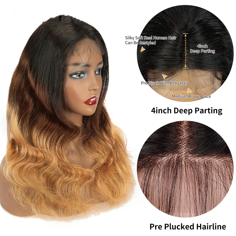 Highlight Body Wave Perücke Ombre Body Wave Lace Front Echthaar Perücken für Frauen 13x4 Lace Frontal Perücke 4x4 Lace Verschluss Perücke 180%