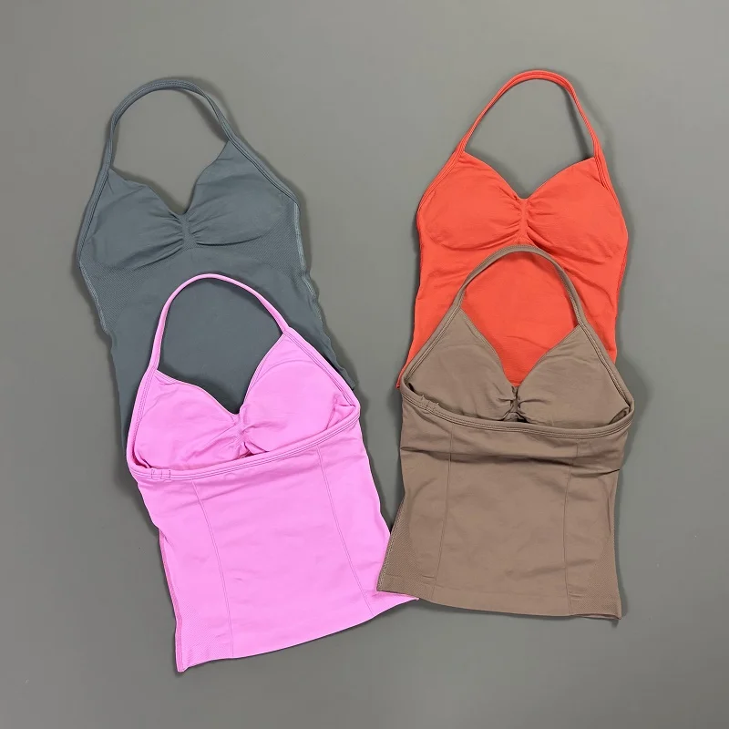 Sports Tank Top Women Halter V Neck Ruched Front Built-in Padded Bra Seamless Yoga Cami Top Gym Running Workout Crop Top