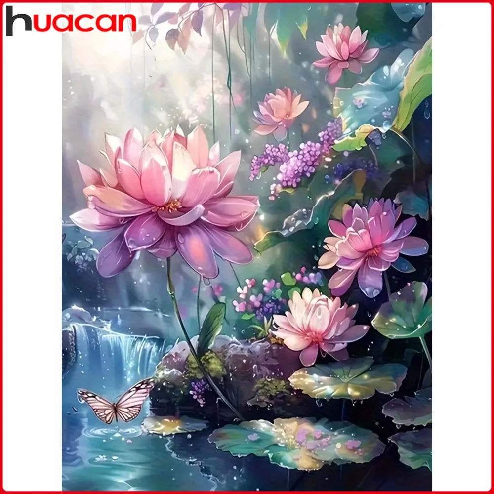 Huacan 5D-Diamantgemälde zum Selbermachen, Lotus-Wasserfall, Diamant-Stickerei, Blumenlandschaft, dekorative Gemälde