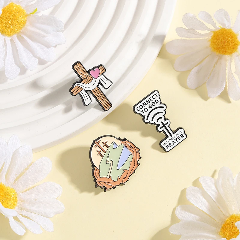 Christian Faith Cross Connect To God  Enamel Pin Creative Cross Antenna WiFi Password Prayer Antenna Brooch Lapel Badge Jewelry