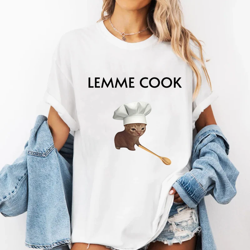 Funny Cat Meme T-Shirt LEMME COOK Cute Chef Cat T Shirt for Men Women Funny Graphic T Shirts Casual Round Neck Tees