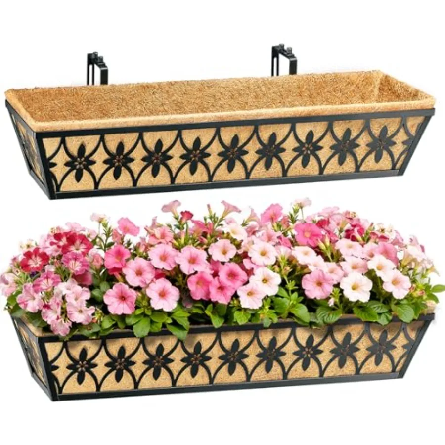 

Window Boxes Planters Railing Planter Box - Pack with Adjustable Brackets Coco Liners Balcony Planters Railing Hanging for Wind