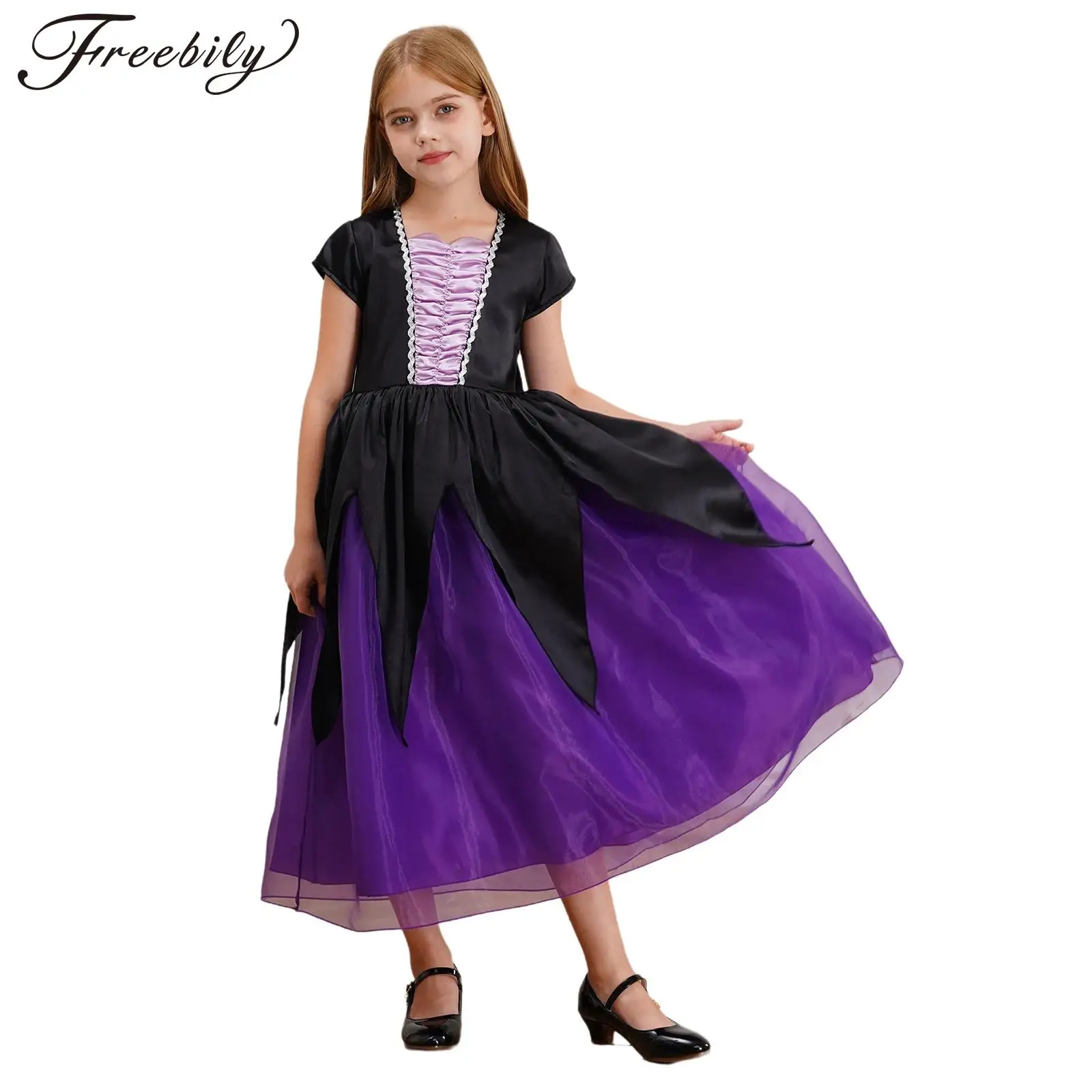 Kids Girls Halloween Mermaid Ursula Cosplay Costume Theme Party Octopus Sea Witch Role Play Clothes Short Sleeve Ruffled Dress