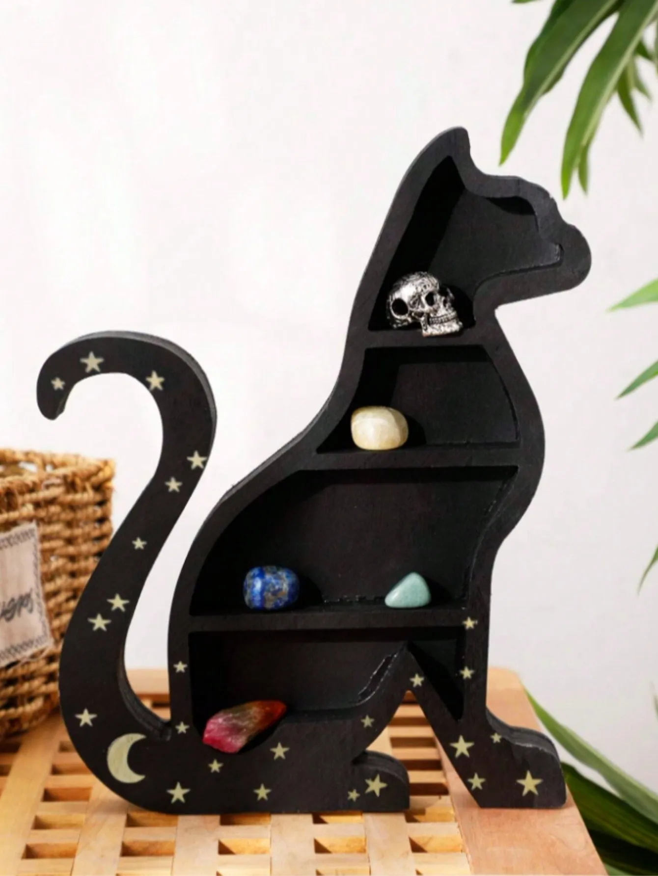 1 PC black cute cat wood three-layer rack, home, living room, bedroom, office desktop decoration, moon cat water Crystal wood fr