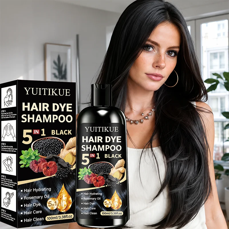 YUITIKUE 5 IN 1 Black Hair Dye Shampoo 100ml - Plant-Based Grey Coverage & Long-Lasting Black Hair Care Shine