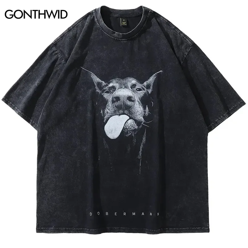 2023 Men Streetwear Hip Hop Oversized T Shirt Funny Doberman Dog Graphic T-Shirt Vintage Washed Black Tshirt Harajuku Tee Cotton