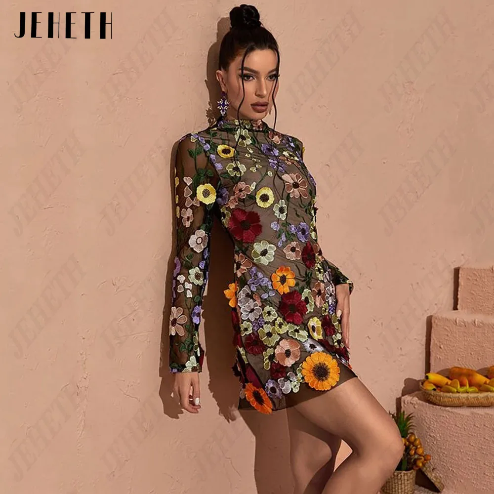 JEHETH Backless Embroidery Mini Prom Dresses Long Sleeves High Neck Floral Straight High Neck 3D Flowers Sexy Vestidos De Gala