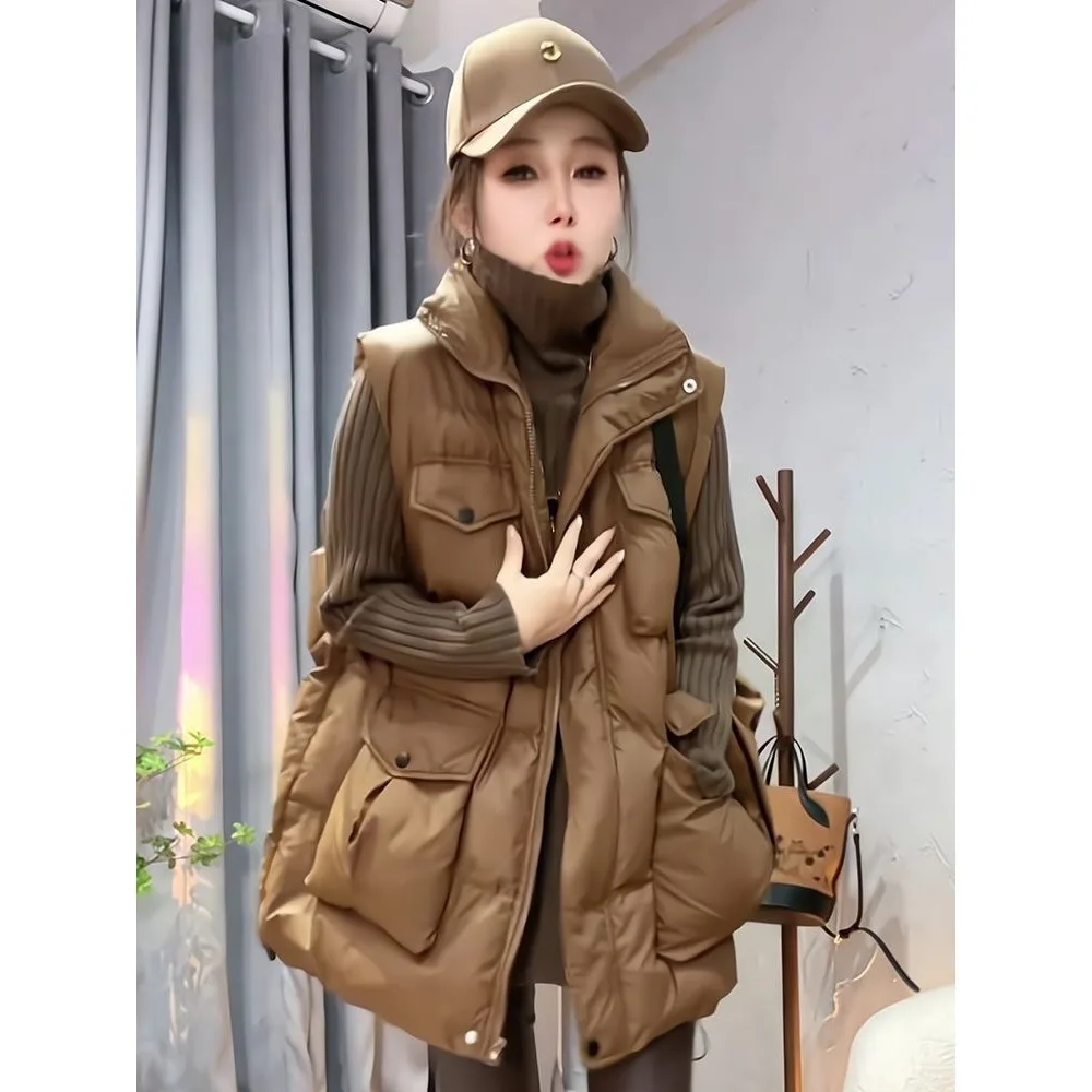 

European Sle Stand Collar Thiened down Cotton Vest Autumn Winter Casual Large Size Warm Mid-Length Women's Vest