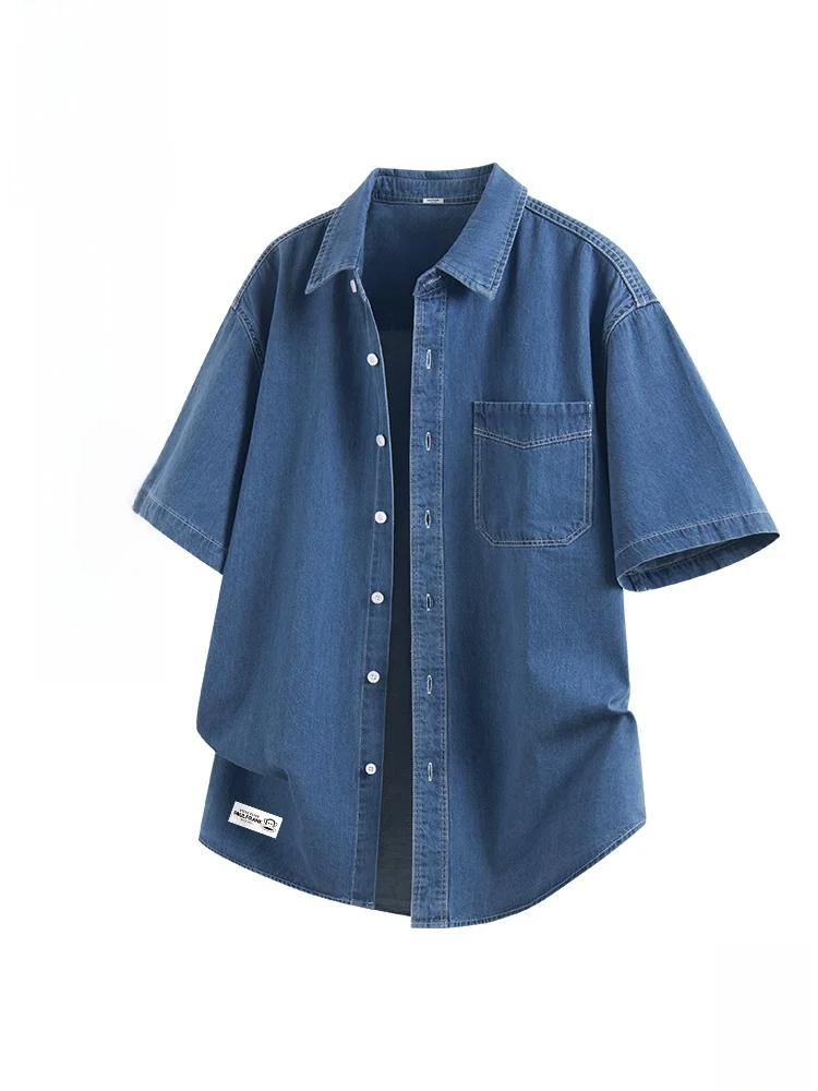 

Pure Cotton Denim irt Men's Summer New American Blue ort Sve irt Loose Fit Breathable Casual Faion