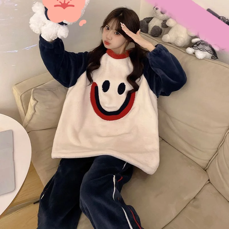 

Осень-зима, женские пижамы, костюм из кораллового флиса, студенческая одежда для сна, новая модель, сохраняющая тепло, утепленная фланелевая домашняя одежда на флисовой подкладке