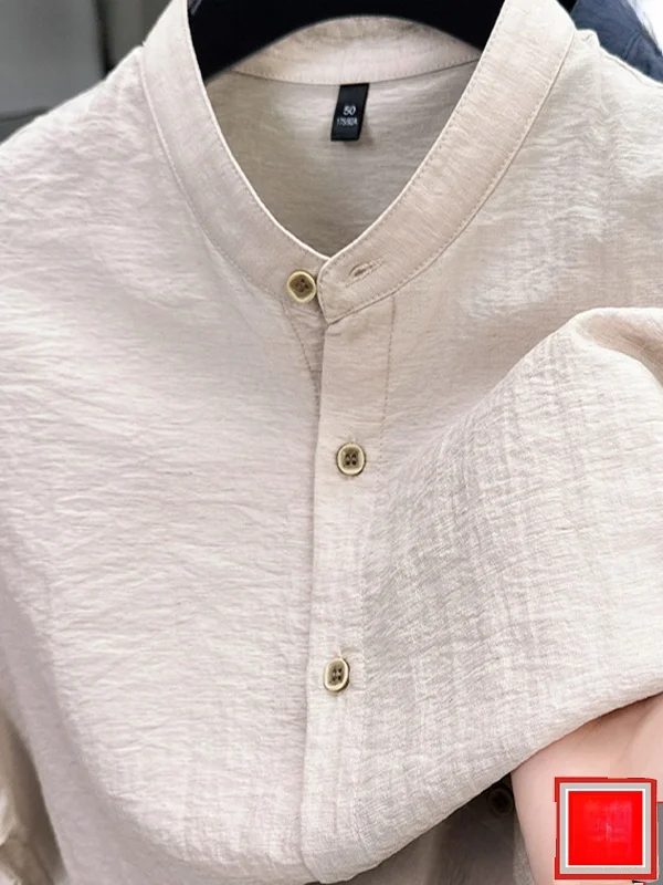 

Linen Cotton Casual irt Men's ort Sve Summer Faion Urban Sle Stand Fit Button up Stand Collar Regular Length