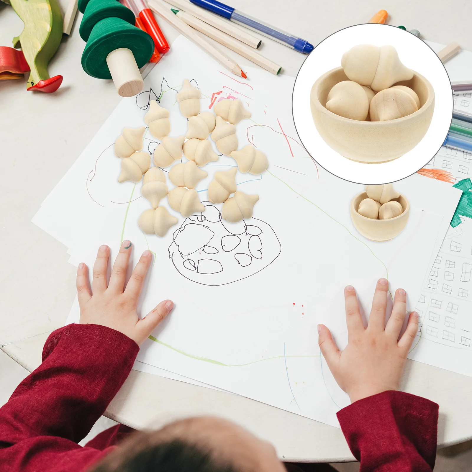 20 szt. Drewnianych Żołędzi do Sortowania, Niedokończony Zestaw Rękodzielniczy dla Dzieci, Ćwiczenie Liczenia, Aktywność Montessori, Nauka w Domu i Szkoły z Drewnianą Miską i Klockami