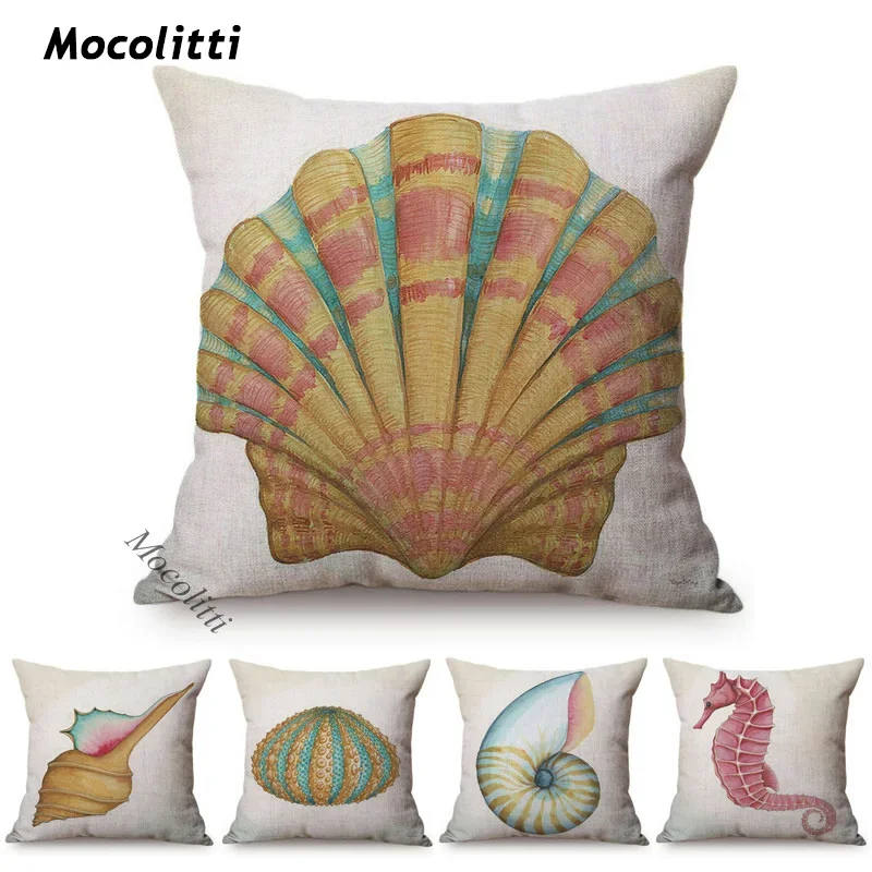 Mediterranean Conch Cushion Cover Nautilus Seahorse Pattern Home Decor Square Throw Pillow Case Cotton Linen Sofa Pillowcase