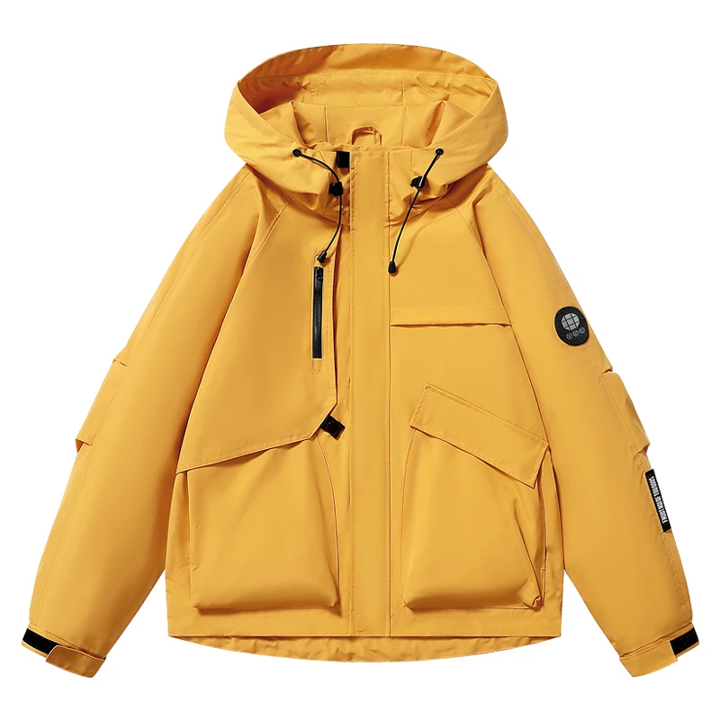 Unisex Outdoor-Windbreaker mit Kapuze, besticktem Aufnäher, mehreren Taschen, Reißverschluss-Knopfleiste, wasserdicht, winddicht, locker geschnittene Wanderjacke – Detail 4