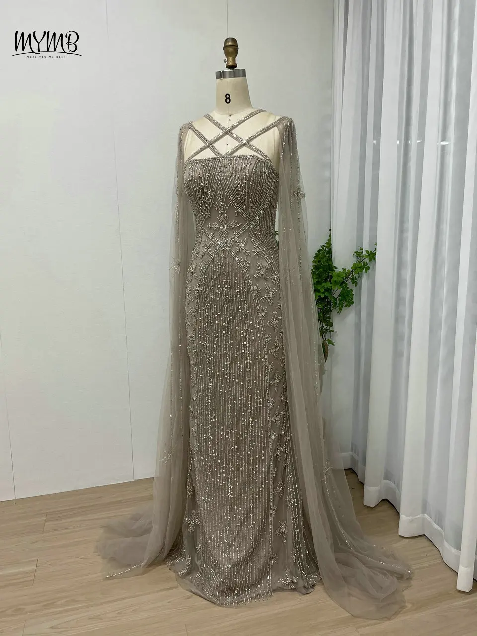 MYMB Gorgerous Dubai Cape Sleeves Mermaid Wedding Guest Gowns Arabic Luxury Caramel Beaded Evening Dresses vestidos de gala 2025