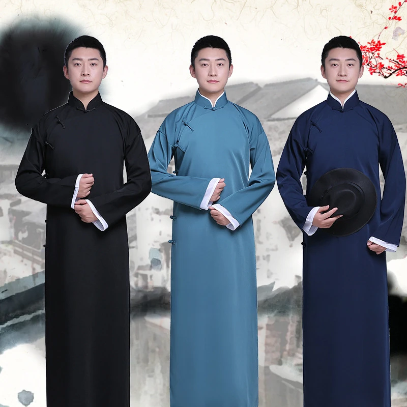 

Men Crosstalk Traditional Chinese Tang Suit Dynasty Clothing Hanfu Long Dress Comic Actor Stage Robes Cheongsam Cosplay Costumes