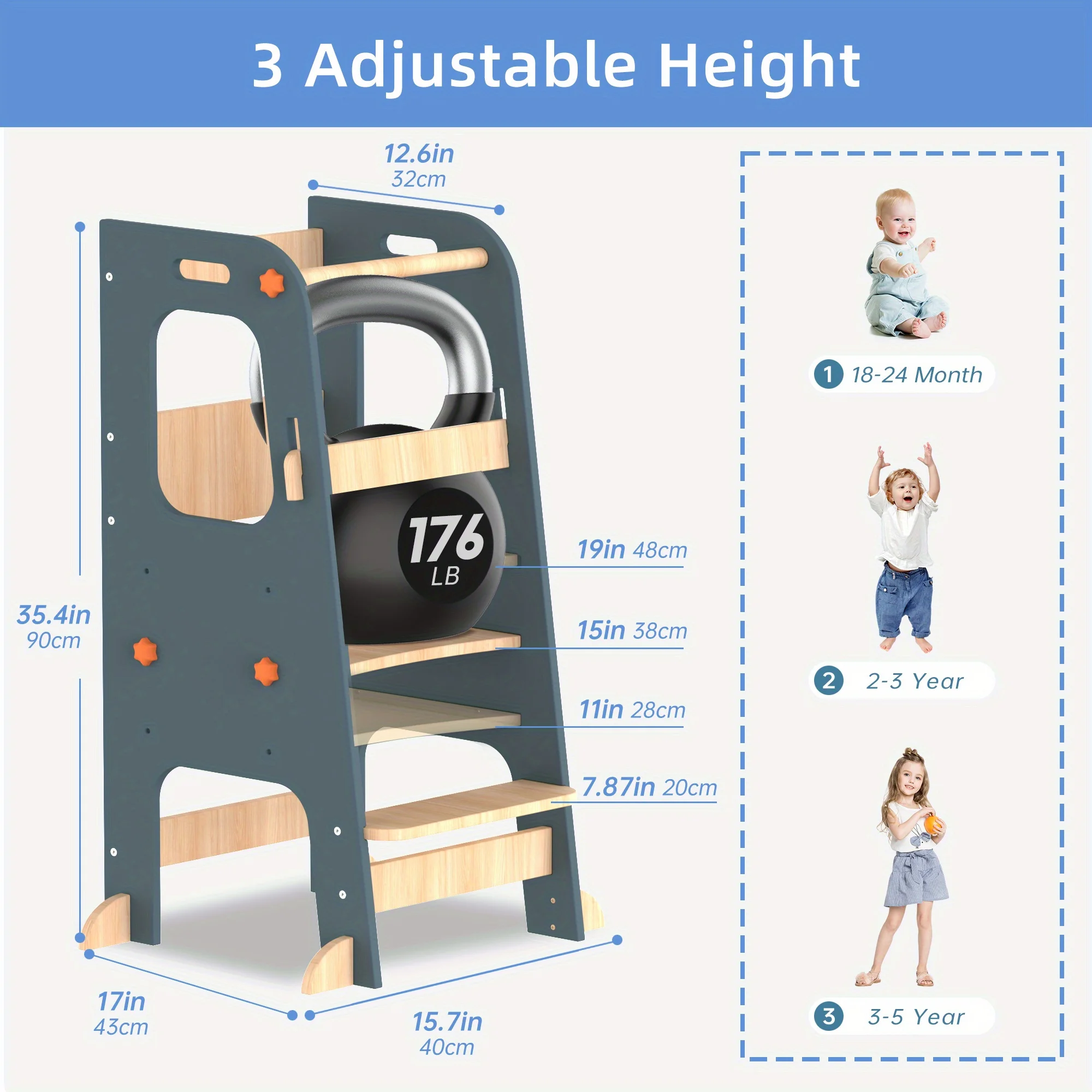 Toddler Tower Wooden Ladder Learning Tower, Toddler Kitchen Stool Helper with 3 Adjustable Height Non-skid Feet Anti-drop Rail