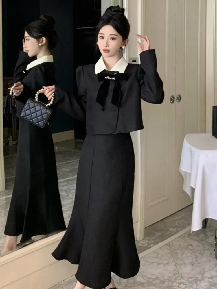 Women\'s Solid Mermaid Dress Bow Coat High Waist Midi Skirt Long Sleeve French Lady Fashion Autumn New 2 Pieces Set Skirts Sets