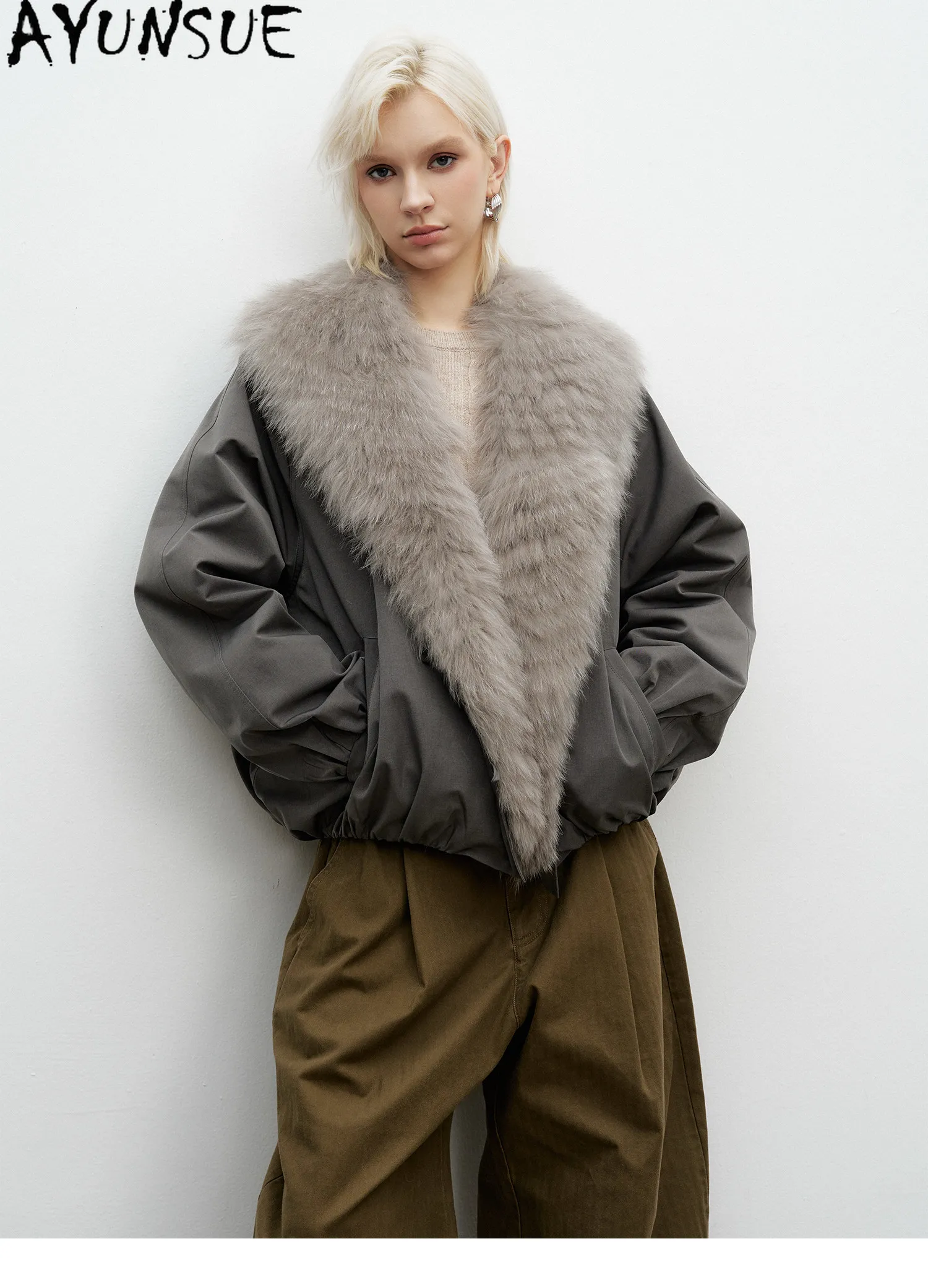 AYUNSUE White Goose Down Women Warm Winter Clothing Real Fox Fur Collar Down Jacket Loose Fit Fashion Short 2026 Пальто Женское