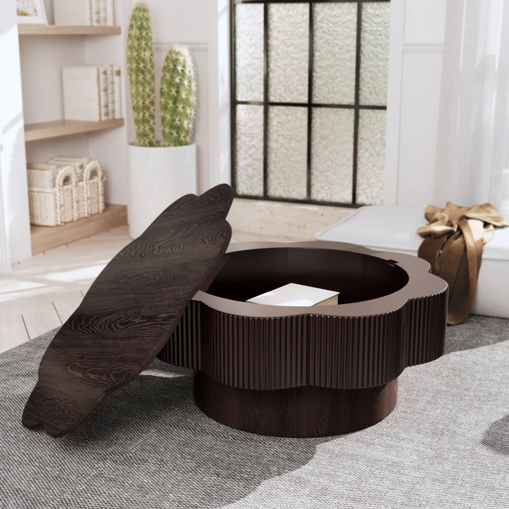 

31.50" Modern Plum Coffee Table with Storage, Wood Veneer, Easy Assembly, Dark Brown