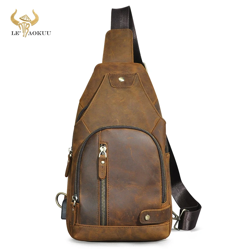 

2023 Hot Sale Crazy Horse Leather Retro Sling Chest Bag 8" Tablet Design One Shoulder Strap Cross-body Bag For Men Male 8066