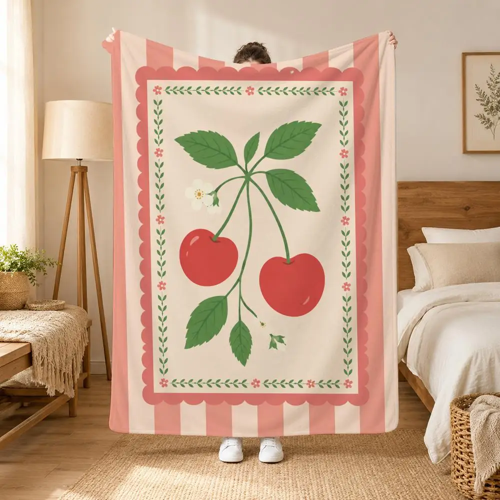 Striped Vintage Botanical Fruits Throw Cozy Summer Nap Flannel Blanket Soft Throw for Office, Couch, Travel & Bed
