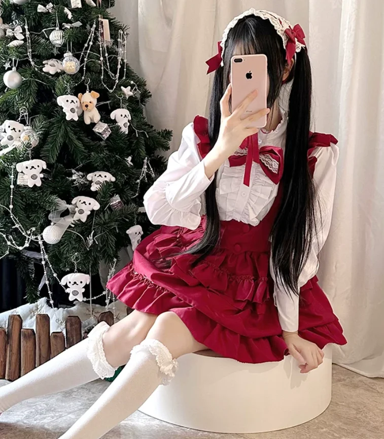 Lolita Anime Cos Sets Ruffles Stand Collar Long Sleeve White Shirt Fashion High Waist A-line Versatile Age Reduction Cake Skirt view 3
