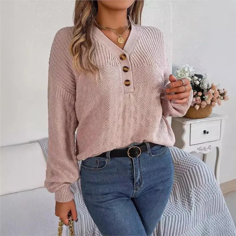 Autumn And Winter Casual Solid Color Loose V-neck Button Lantern Sleeve Sweater Women's Long Sleeved Versatile Pullover Sweater