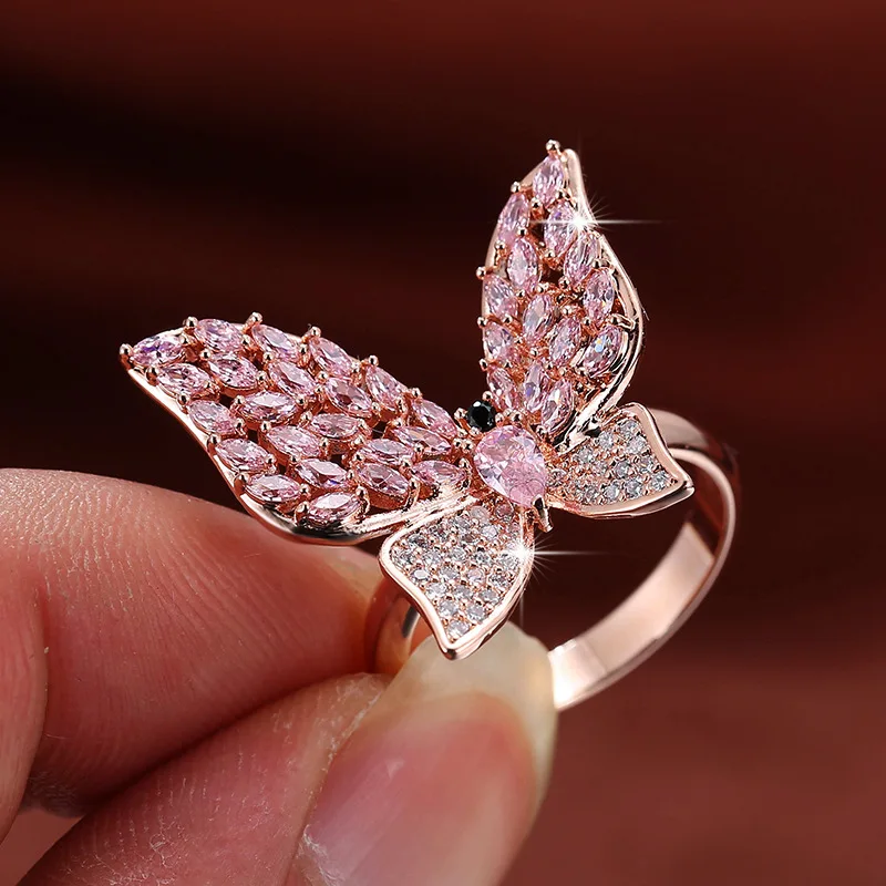 UILZ Korea Cute Girly Pink Butterfly Rings For Women Girls Fashion Rose Gold Plated Wedding Ring Party Jewelry