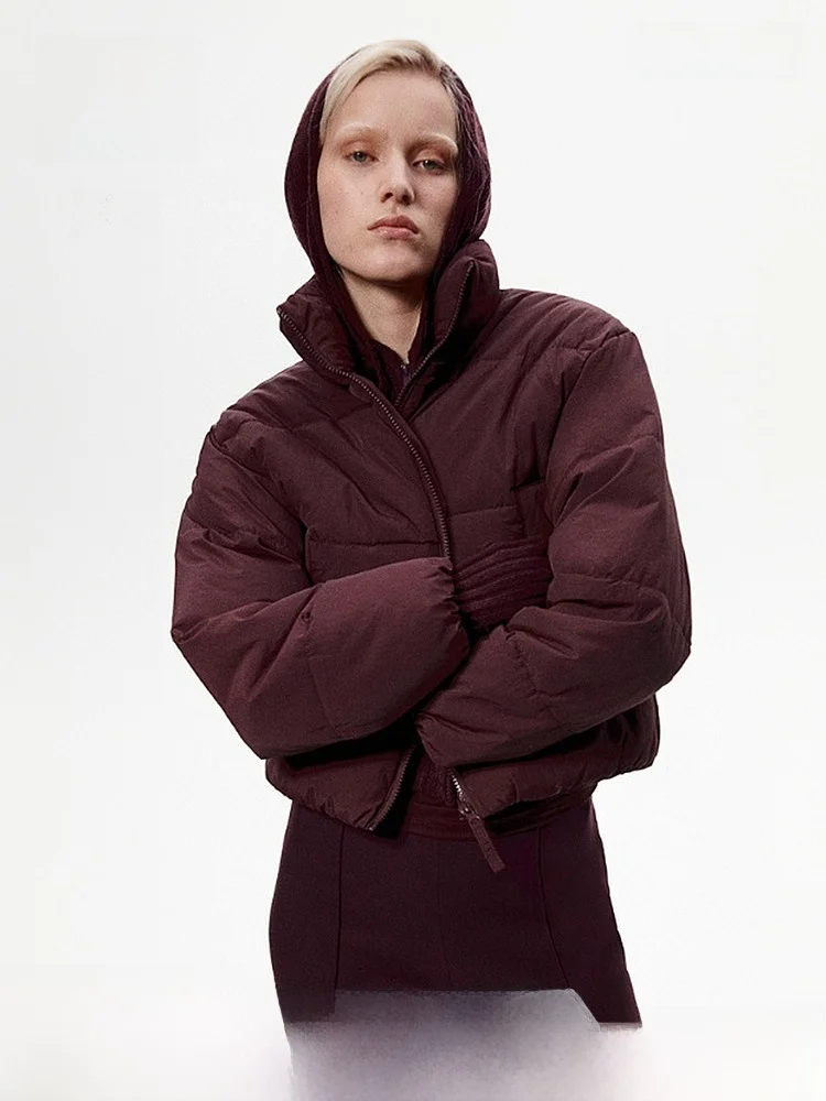 

Red Quilted Cotton Jaet ort Stand Collar Zipper Warm Winter Coat H&M Women's Faion Nylon Fabric 228408