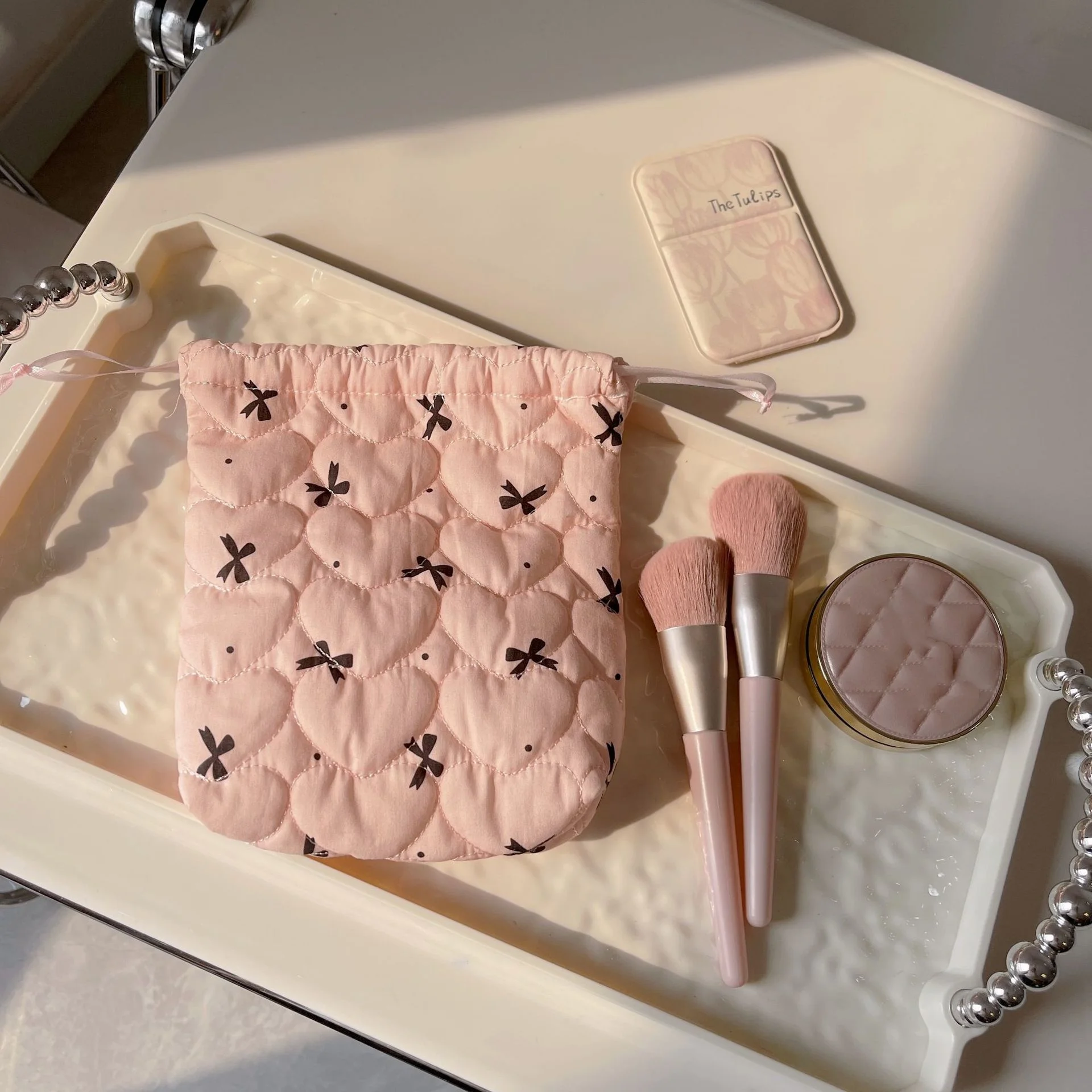 حقيبة مكياج برباط على شكل فيونكة وردية، حقيبة تخزين قائمة للكاميرا CCD، حقيبة يد ناعمة مضادة للسقوط، حقيبة أدوات الزينة المحمولة للسفر #2