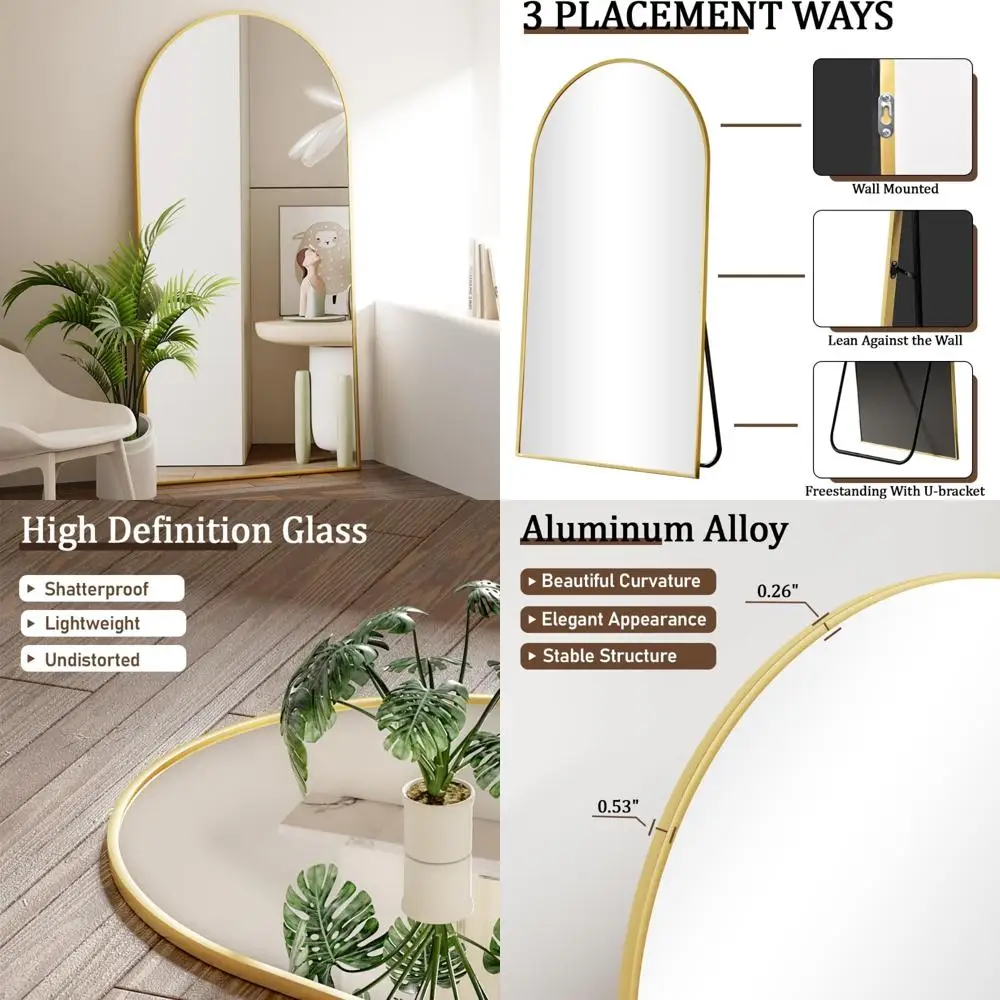 Espelho de chão dourado arqueado - Espelho de comprimento total de 65 polegadas para sala de estar - Reflexão elegante de corpo inteiro
