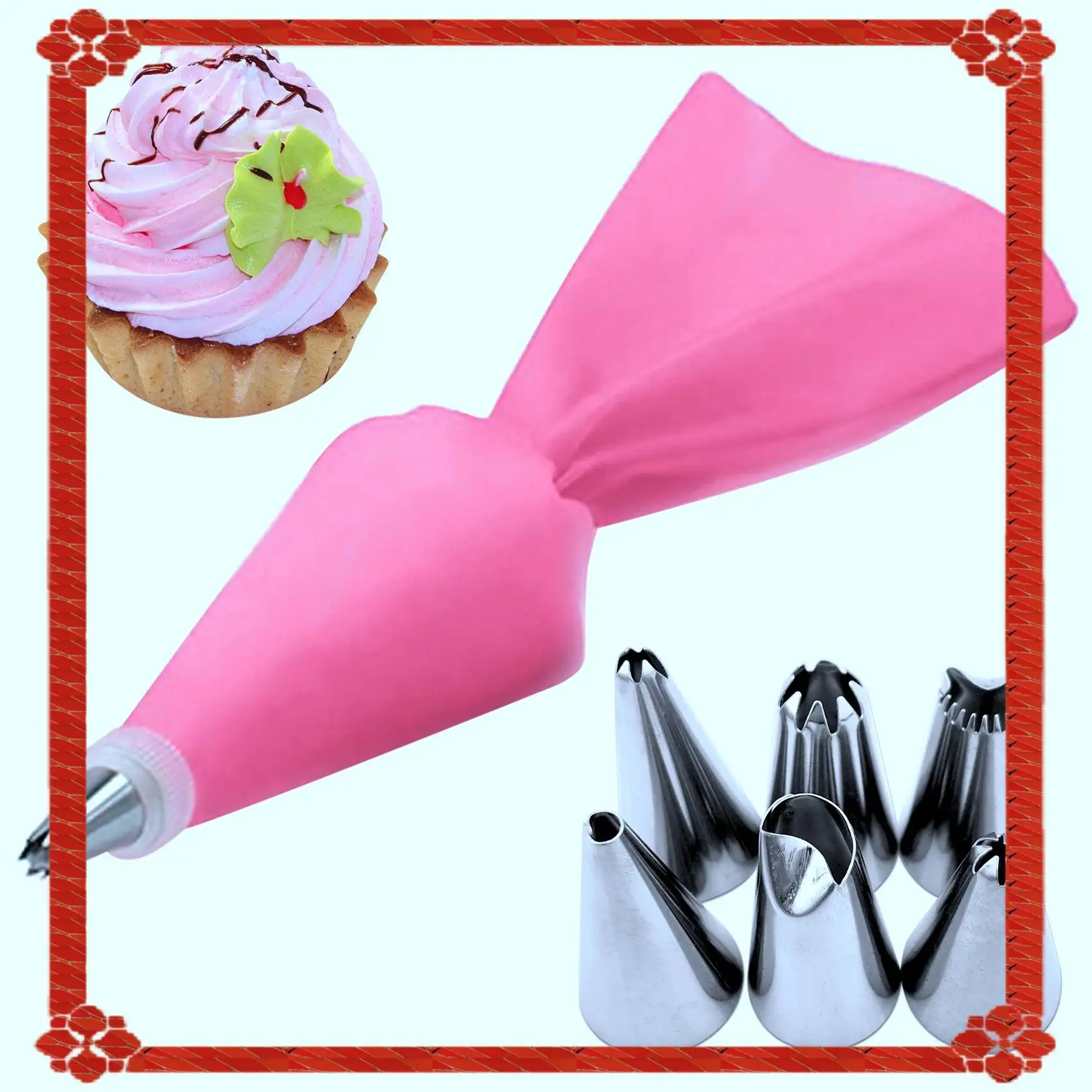 تسليم 24 ساعة 8 قطعة/المجموعة/المجموعة كيس المعجنات نصائح المطبخ كعكة الجليد الأنابيب كريم أدوات تزيين الكعكة قابلة لإعادة الاستخدام + 6 فوهة مجموعة #2
