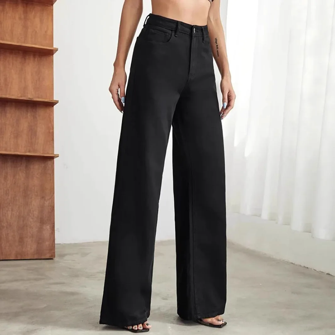 Women Black Solid Straight Floor Length Casual Daily Trendy Basic Jeans Pants Four Seasons American Style Female Denim Trousers