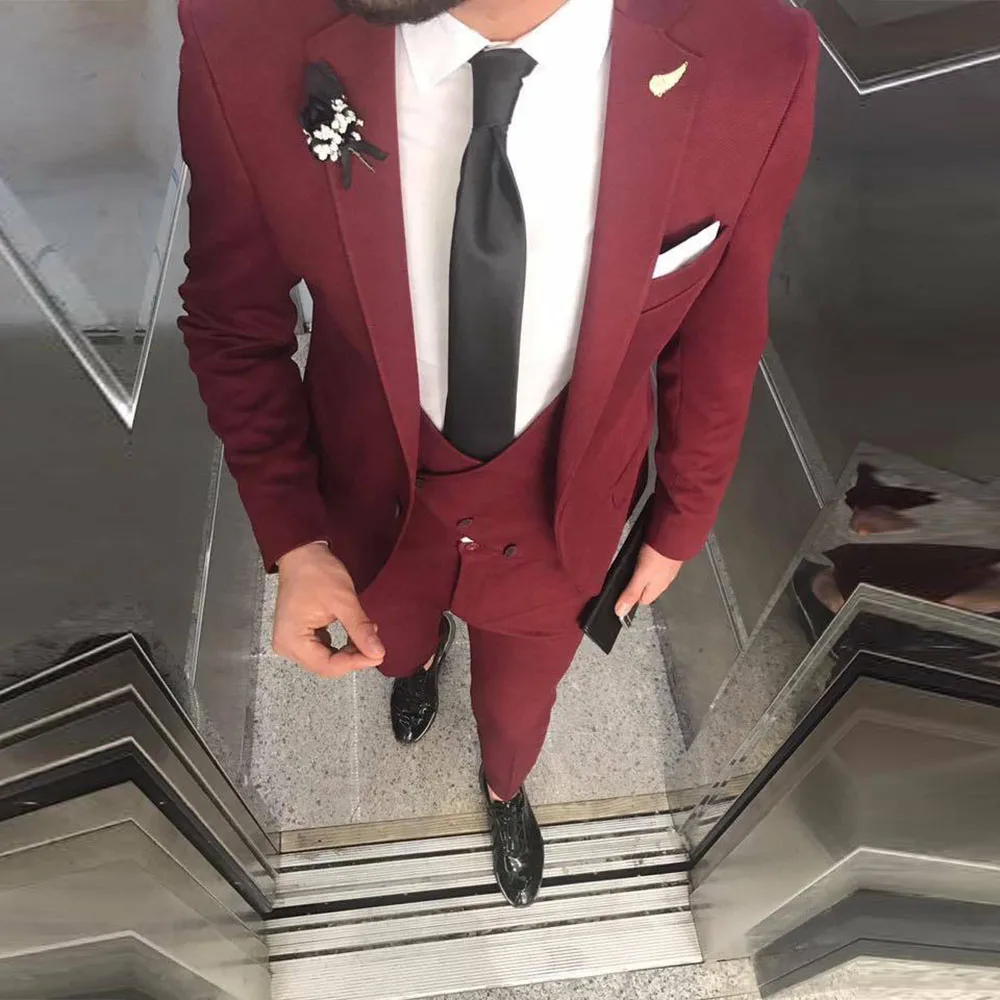 

Spring/Autumn Burgundy Business Suits Men For Wedding 3 Pieces Slim Fit Blazer+Vest+Pants Groomsman Tuxedo Custom Made 2022