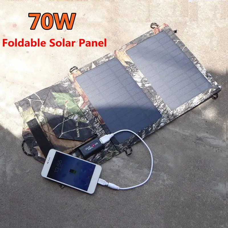 70W USB 5V Foldable Solar Panel Waterproof Solar Charger Portable Solar Battery Bag Mobile Sunpower for Outdoor Camping Hiking