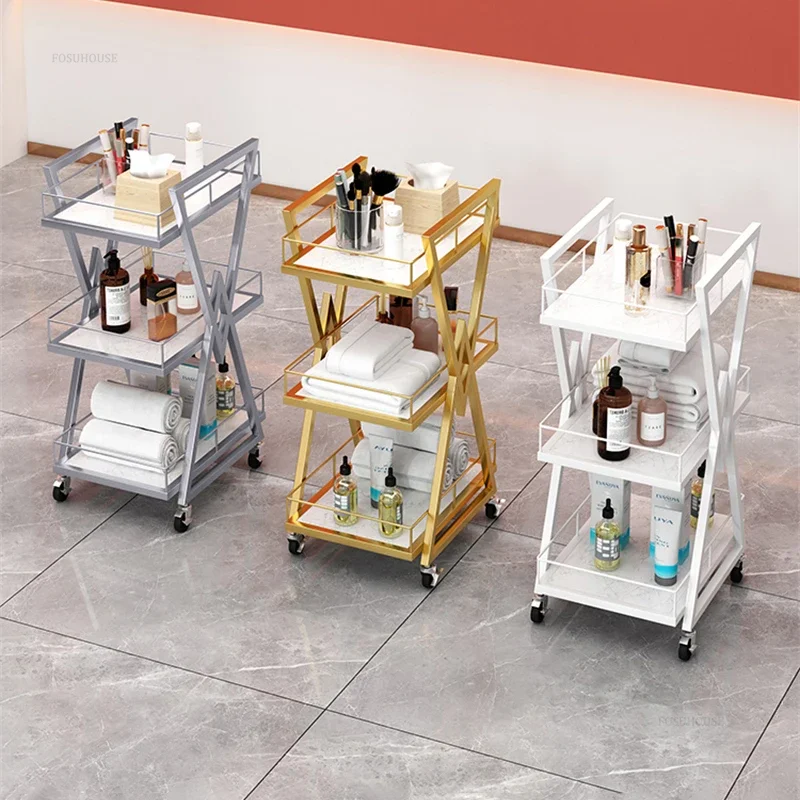 Nordic Beauty Salon Tool Cart With Wheels Modern Iron Salon Trolleys Storage Rack Salon Manicure Professional Auxiliary Trolley