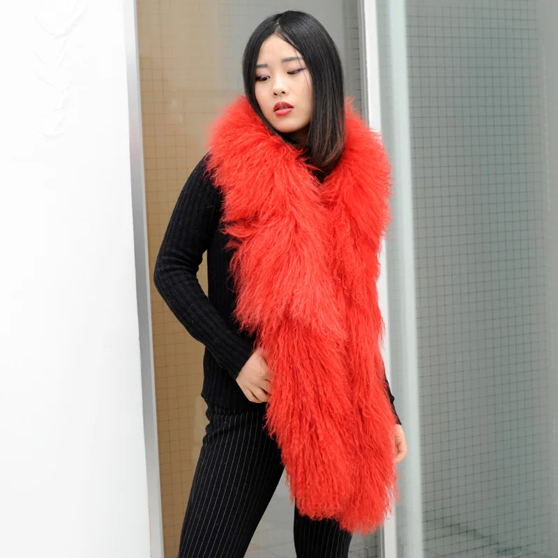 CX-S-108A New Arrival Ladies Elegant Furry Real Mongolian Lamb Fur Long Scarf