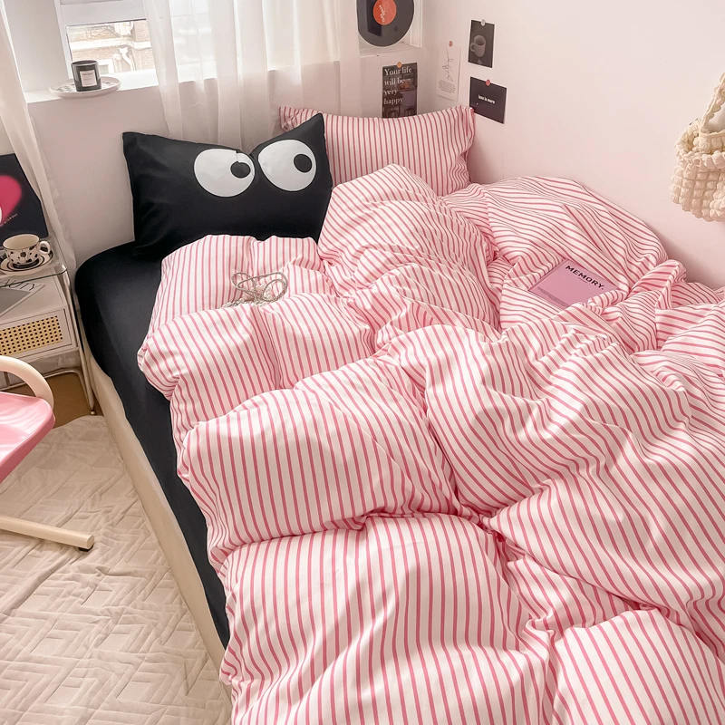 Big Eyes Pinstripe Series Printed Soft Bedding Set Duvet Cover Bedclothes Bedspread Pillowcases Flat Sheets Comforter Sets