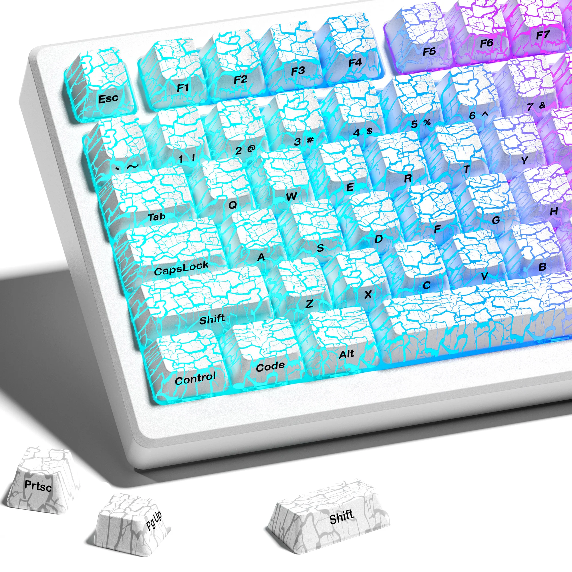 

QBYI Ice Crack New Version Pattern Shine-Through OEM Profile IMD-Tech Side Print White Keycaps