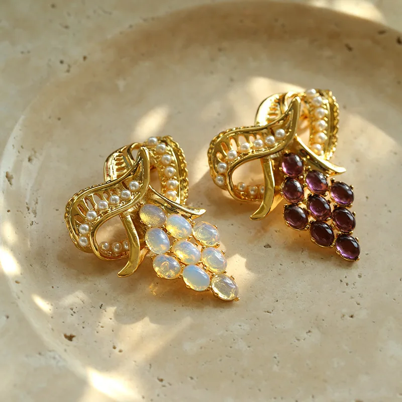 

Vintage Grape Cluster Brooch for Women, Amethyst & Opal Elegant Pin for Suit & Sweater