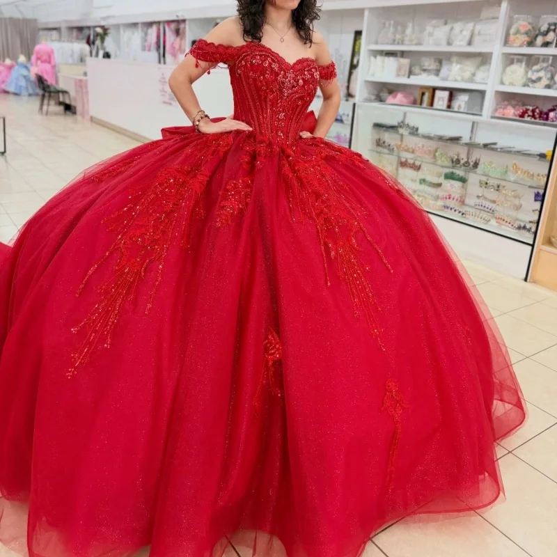 

Shiny Red Quinceanera Dresses Off the Shoulder Glitter Decal Crystal Long tail Bow Vestido De 15 Quinceanera Customize